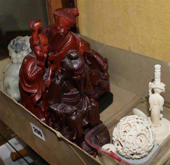 Ivory concentric ball, 4 carved figures, soapstone dogs (Sisni) & stand in box